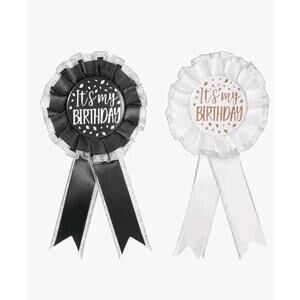 It's My Birthday Badge 2 Pc Button Brooch Pin Accessory Ribbon Party Black White